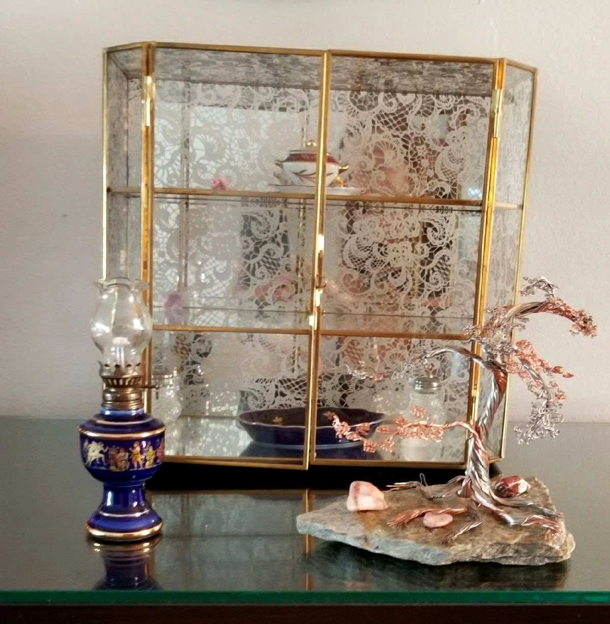 Silver and Copper Wire Bonsai Sculpture with background