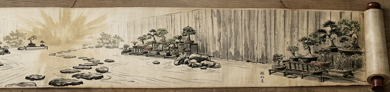 Ink-wash bonsai garden etched onto a calligraphy scroll